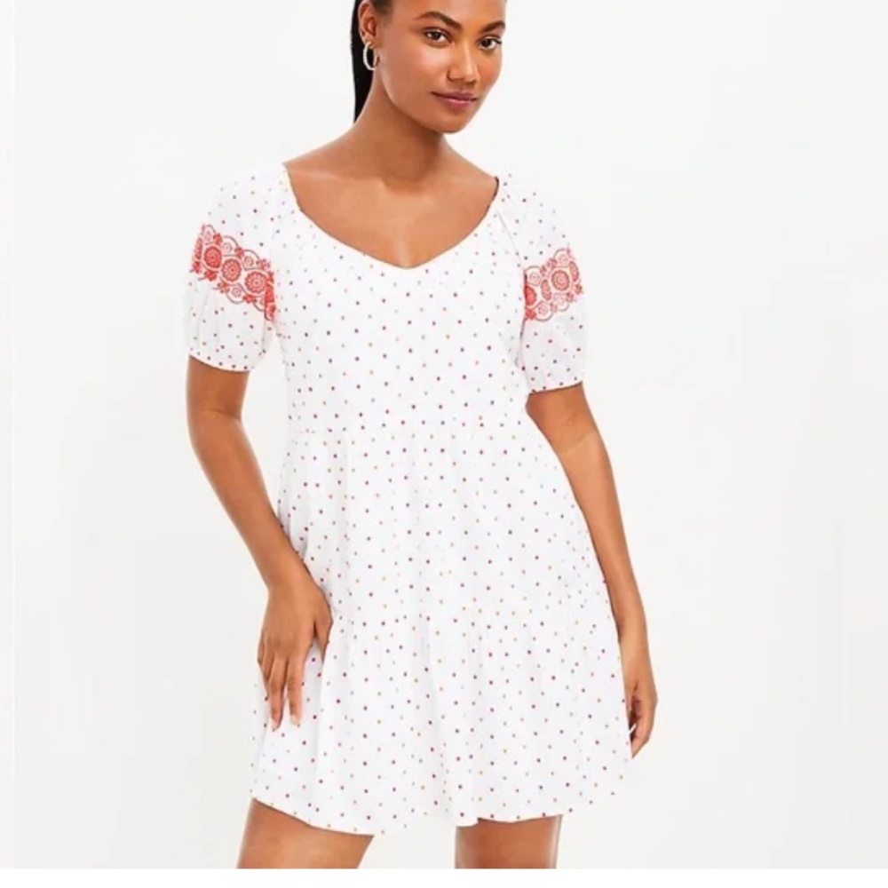 Loft Puff Sleeve Polka Dot Embroidered Tiered Dressb‎ Size S Boho